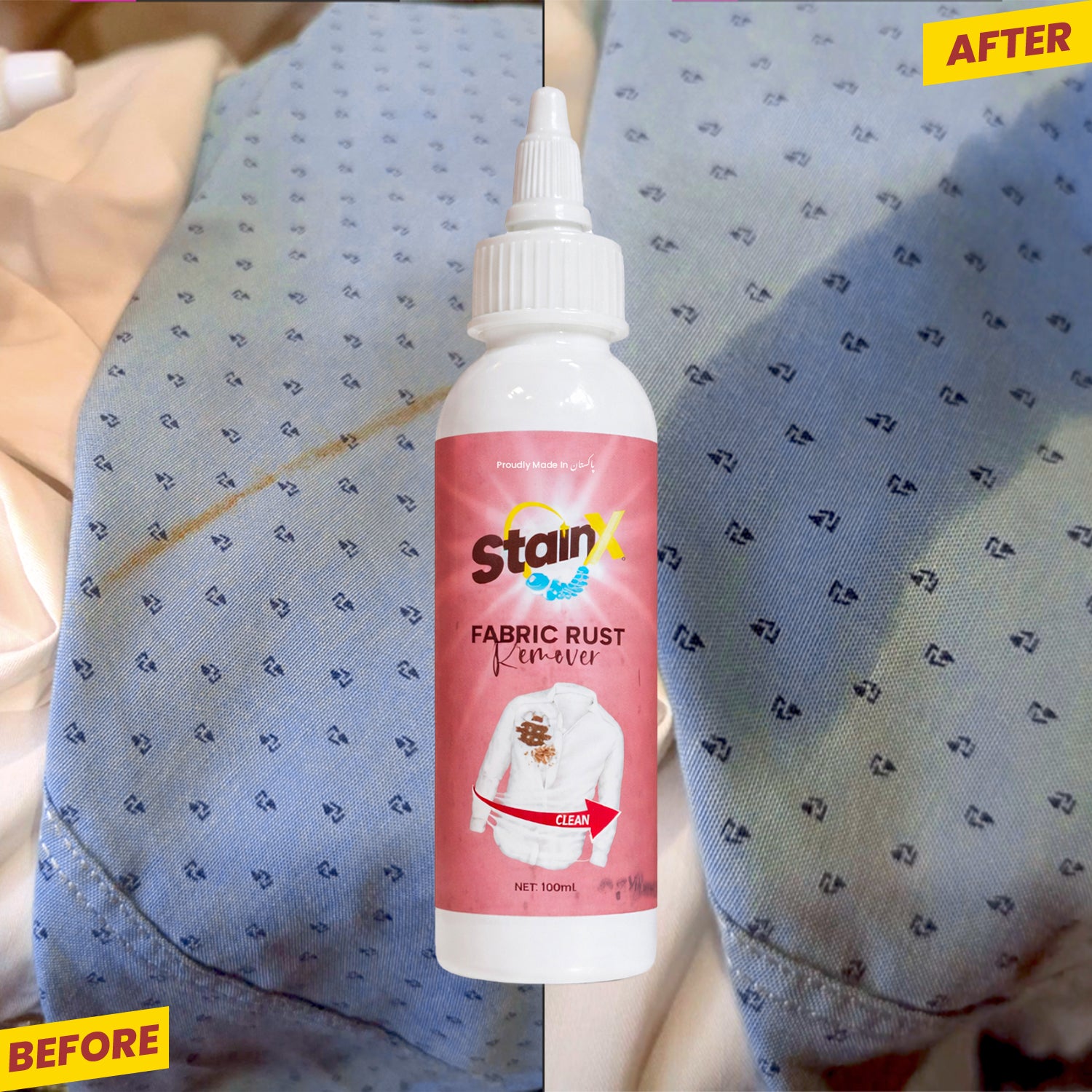 StainX Fabric Rust Remover 100ml for removing rust stains from clothes and fabrics